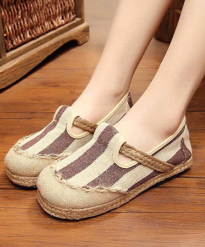 Blue Striped Cotton Fabric Flats Splicing Flat Shoes For Women - SooLinen