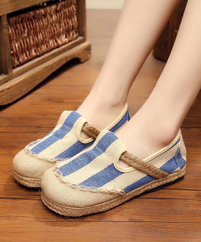 Blue Striped Cotton Fabric Flats Splicing Flat Shoes For Women - SooLinen