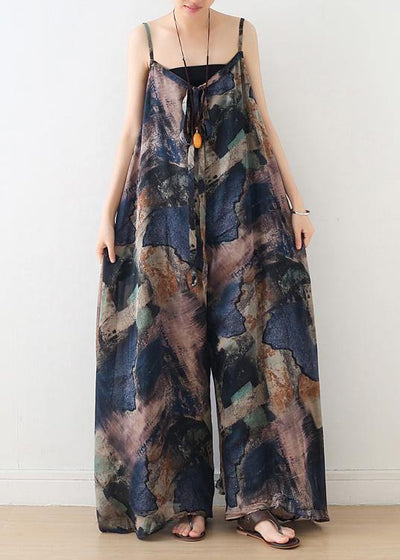 Blue Suspender Print Women Summer New Oversized Wide Leg Pants - SooLinen