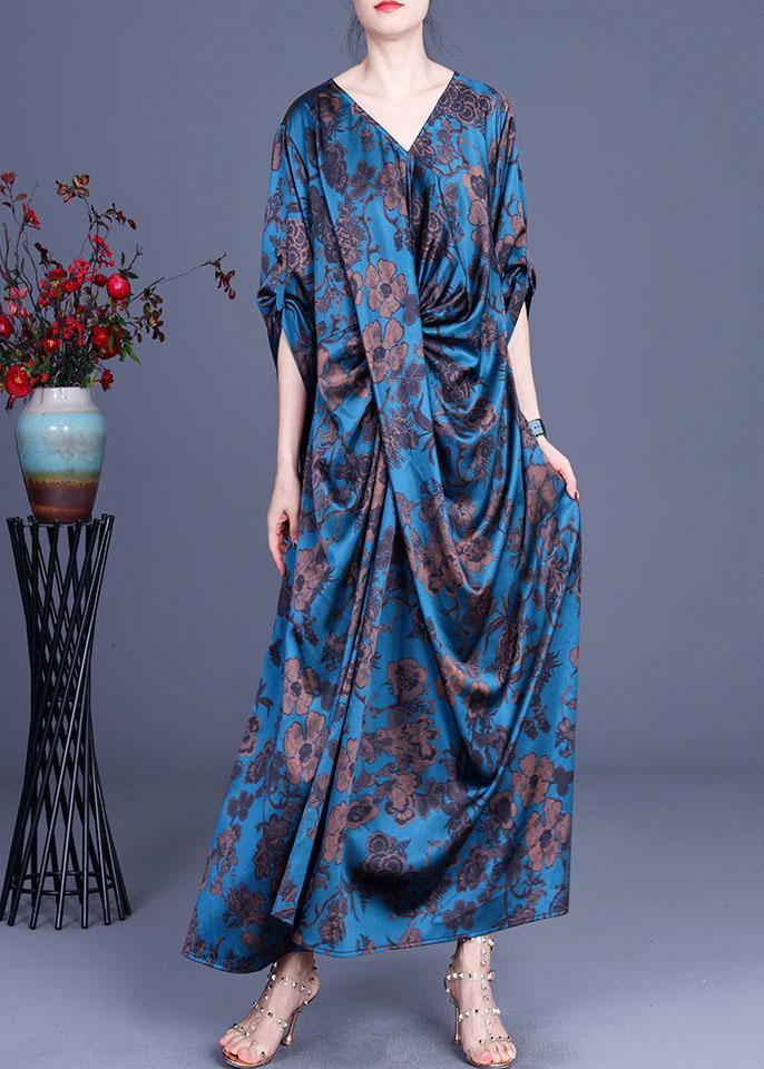 Blue Vogue Print Summer Silk Robe Dresses Half Sleeve - SooLinen