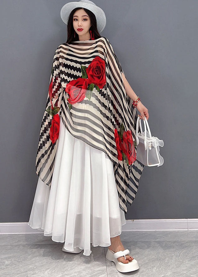 Bohemian Asymmetrical Floral Striped Chiffon Top And Skirt Two Pieces Set Summer