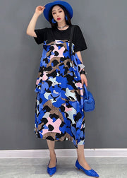 Bohemian Black Blue Patchwork Pritn Cotton Long Dresses Short Sleeve