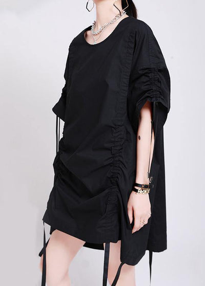 Bohemian Black Cinched Summer Cotton Dress - SooLinen