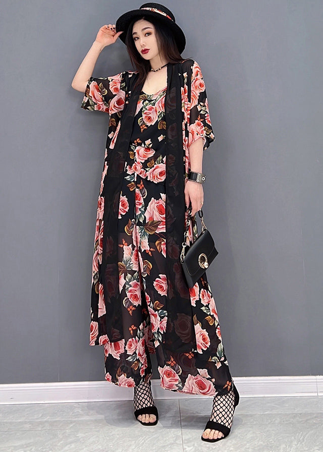 Bohemian Black Floral Print Draping Chiffon Women Sets 3 Pieces Summer