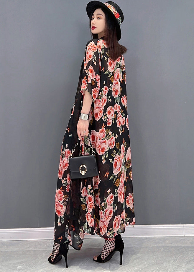 Bohemian Black Floral Print Draping Chiffon Women Sets 3 Pieces Summer