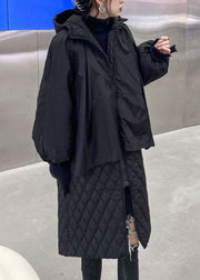 Bohemian Black Hooded Plaid Patchwork Fine Cotton Filled coats Winter