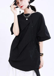 Bohemian Black O-Neck Button Cotton Top Summer - SooLinen