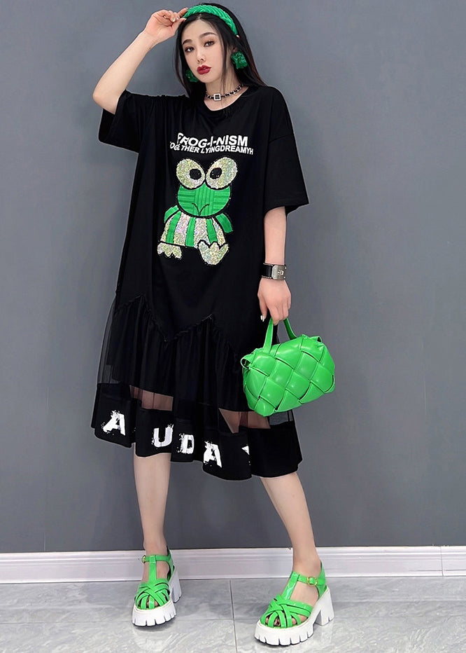 Bohemian Black Patchwork Tulle Diamonds Cotton Sweatshirt Dress Short Sleeve