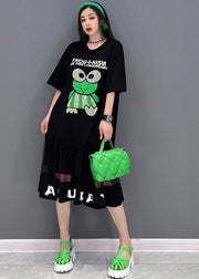 Bohemian Black Patchwork Tulle Diamonds Cotton Sweatshirt Dress Short Sleeve