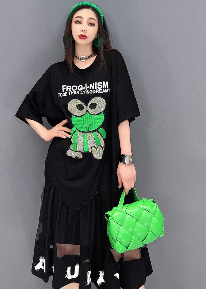 Bohemian Black Patchwork Tulle Diamonds Cotton Sweatshirt Dress Short Sleeve