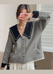 Bohemian Black Peter Pan Collar Plaid Knit Coat Spring