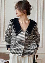 Bohemian Black Peter Pan Collar Plaid Knit Coat Spring