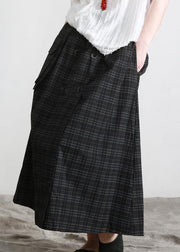 Bohemian Black Plaid Button Pockets Summer Cotton Skirts - SooLinen