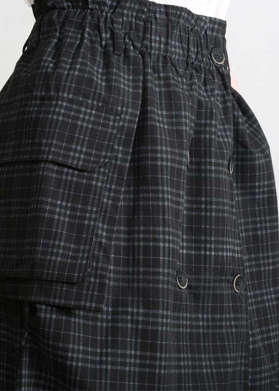 Bohemian Black Plaid Button Pockets Summer Cotton Skirts - SooLinen