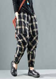 Bohemian Black Plaid Fine Cotton Filled Pants Winter