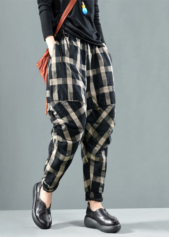 Bohemian Black Plaid Feine Baumwolle gefüllte Hose Winter