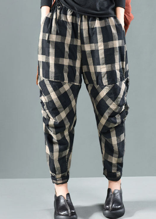 Bohemian Black Plaid Fine Cotton Filled Pants Winter