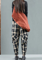 Bohemian Black Plaid Fine Cotton Filled Pants Winter