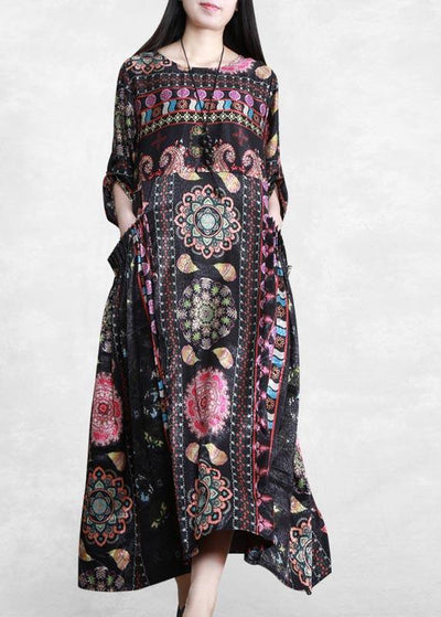 Bohemian Black Print Dress O Neck Pockets Plus Size Dress - SooLinen