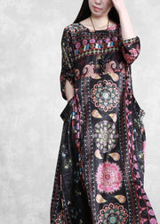 Bohemian Black Print Dress O Neck Pockets Plus Size Dress - SooLinen