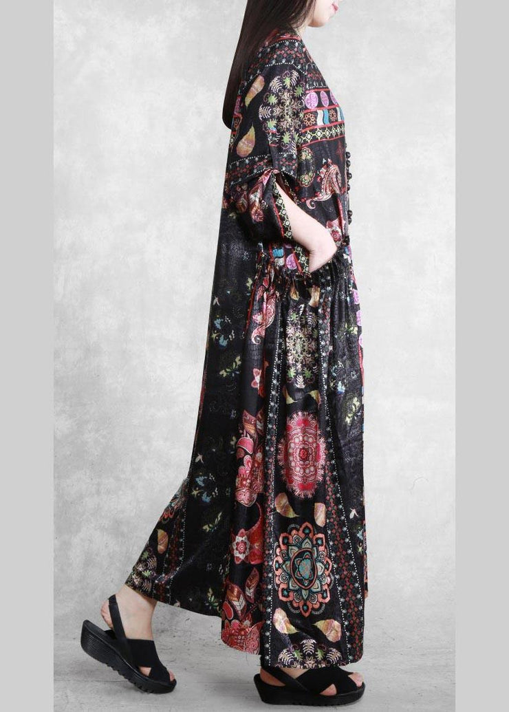 Bohemian Black Print Dress O Neck Pockets Plus Size Dress - SooLinen