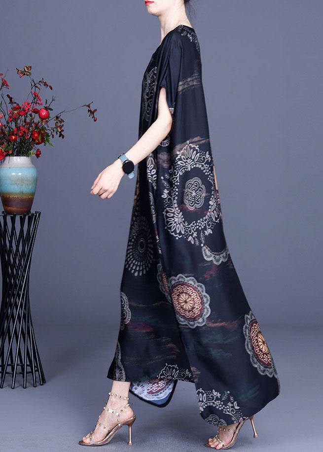 Bohemian Black Print side open Silk Summer Ankle Dress - SooLinen