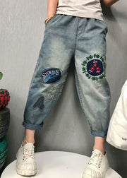 Bohemian Blue Embroideried denim Pants Spring