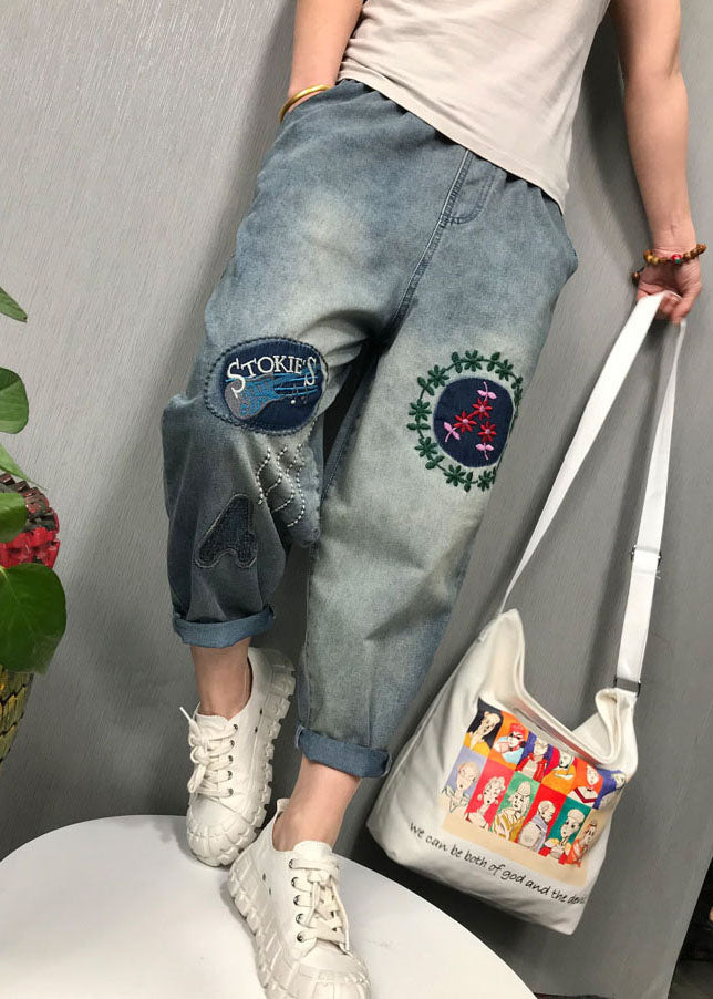 Bohemian Blue Embroideried denim Pants Spring