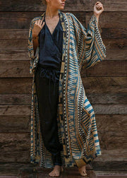 Bohemian Blue Geometric Print Long sleeve kimono robe Mid Summer Cotton - SooLinen