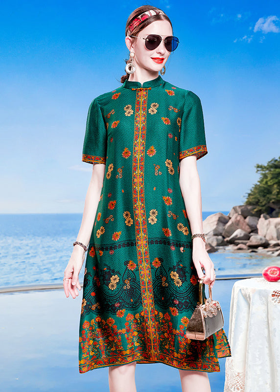 Bohemian Blue Green Mandarin Collar Print Side Open Silk Cheongsam Dresses Short Sleeve