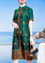 Bohemian Blue Green Mandarin Collar Print Side Open Silk Cheongsam Dresses Short Sleeve