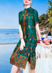 Bohemian Blue Green Mandarin Collar Print Side Open Silk Cheongsam Dresses Short Sleeve