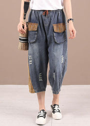 Bohemian Blue High Waist Pockets Summer Denim Pants - SooLinen