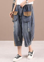 Bohemian Blue High Waist Pockets Summer Denim Pants - SooLinen