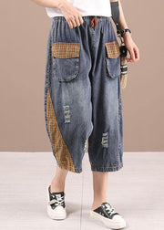 Bohemian Blue High Waist Pockets Summer Denim Pants - SooLinen