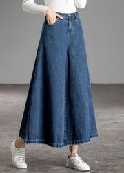 Bohemian Blue High Waist Pockets Wide Leg Fall Denim Pants