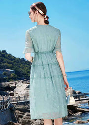 Bohemian Blue O-Neck Embroideried Ruffled Tie Waist Silk Dress Summer