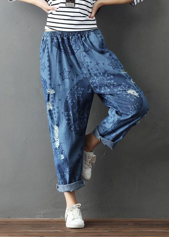 Bohemian Blue Pockets Print Hole Fall Cotton Pants - SooLinen