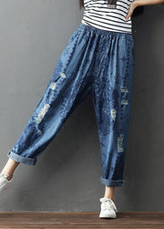 Bohemian Blue Pockets Print Hole Fall Cotton Pants - SooLinen