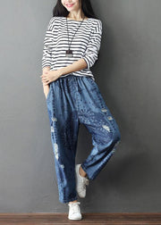 Bohemian Blue Pockets Print Hole Fall Cotton Pants - SooLinen