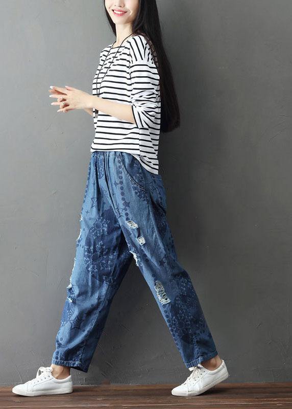 Bohemian Blue Pockets Print Hole Fall Cotton Pants - SooLinen