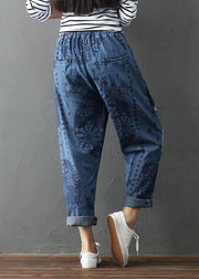 Bohemian Blue Pockets Print Hole Fall Cotton Pants - SooLinen