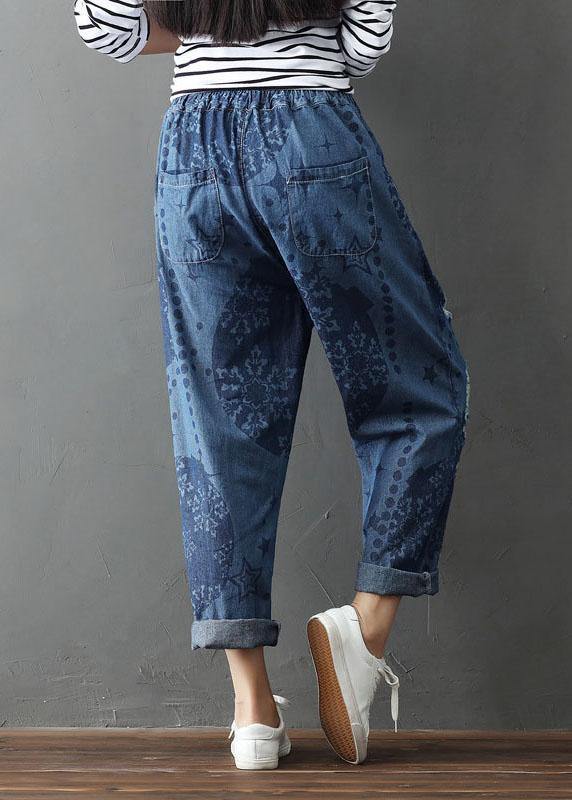 Bohemian Blue Pockets Print Hole Fall Cotton Pants - SooLinen