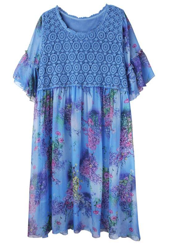 Bohemian Blue Print Chiffon Patchwork Summer Dresses - SooLinen