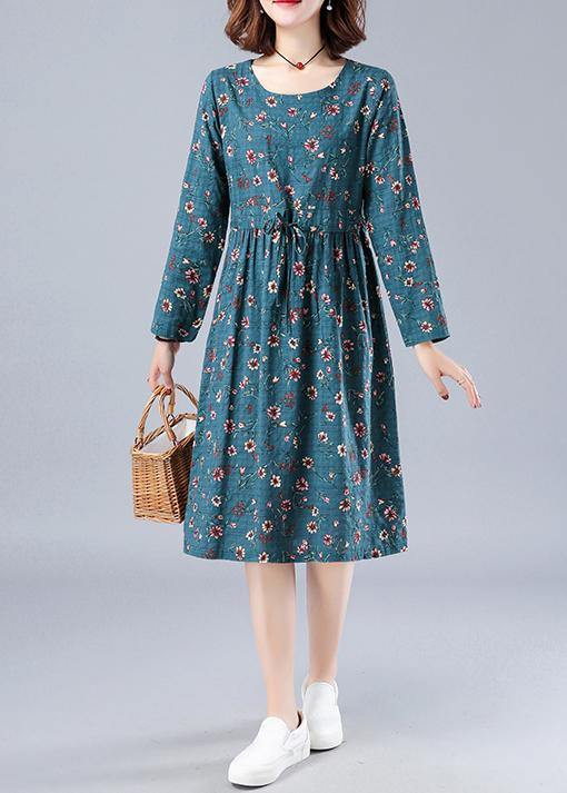 Bohemian Blue Print Robes O Neck Drawstring Daily Spring Dresses - SooLinen