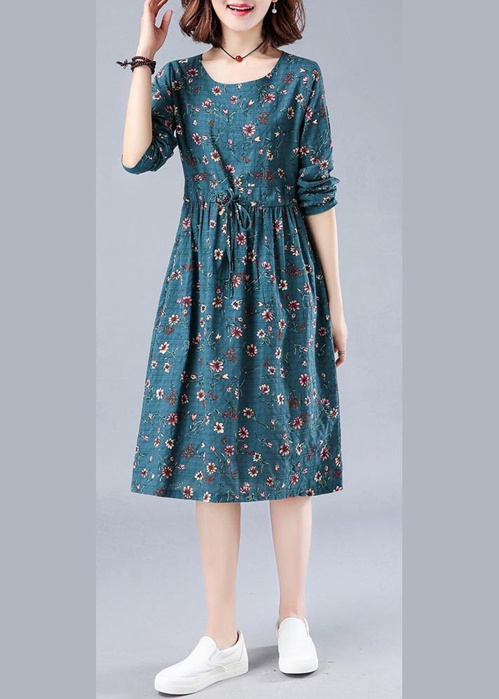 Bohemian Blue Print Robes O Neck Drawstring Daily Spring Dresses - SooLinen