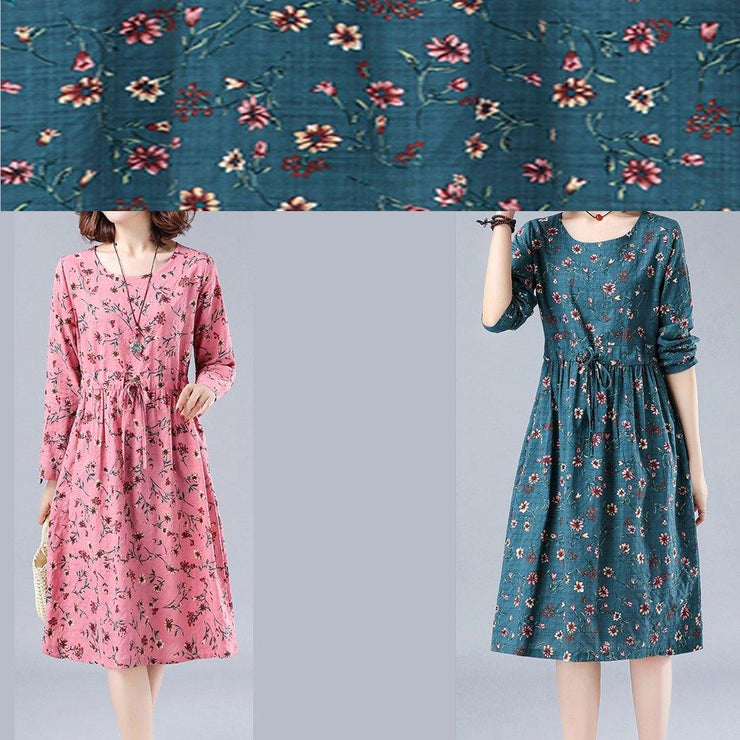 Bohemian Blue Print Robes O Neck Drawstring Daily Spring Dresses - SooLinen