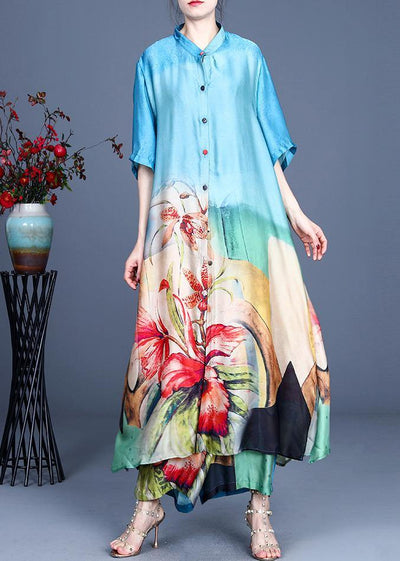 Bohemian Blue Print long Silk Two Pieces Set Summer - SooLinen