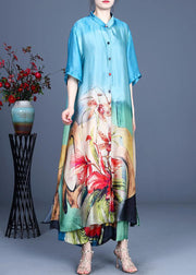 Bohemian Blue Print long Silk Two Pieces Set Summer - SooLinen