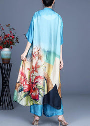 Bohemian Blue Print long Silk Two Pieces Set Summer - SooLinen